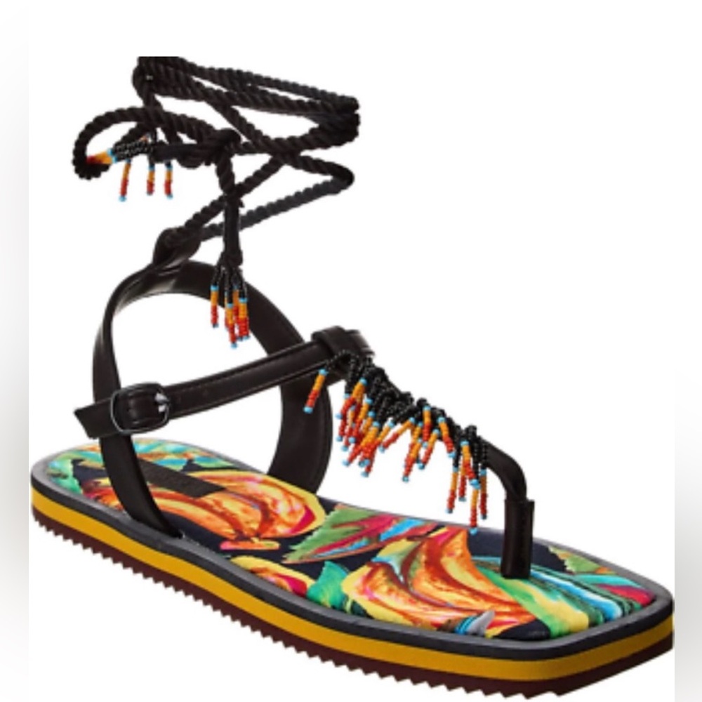 Farm Rio Black Banana Beaded Flat Sandals Ss 9
